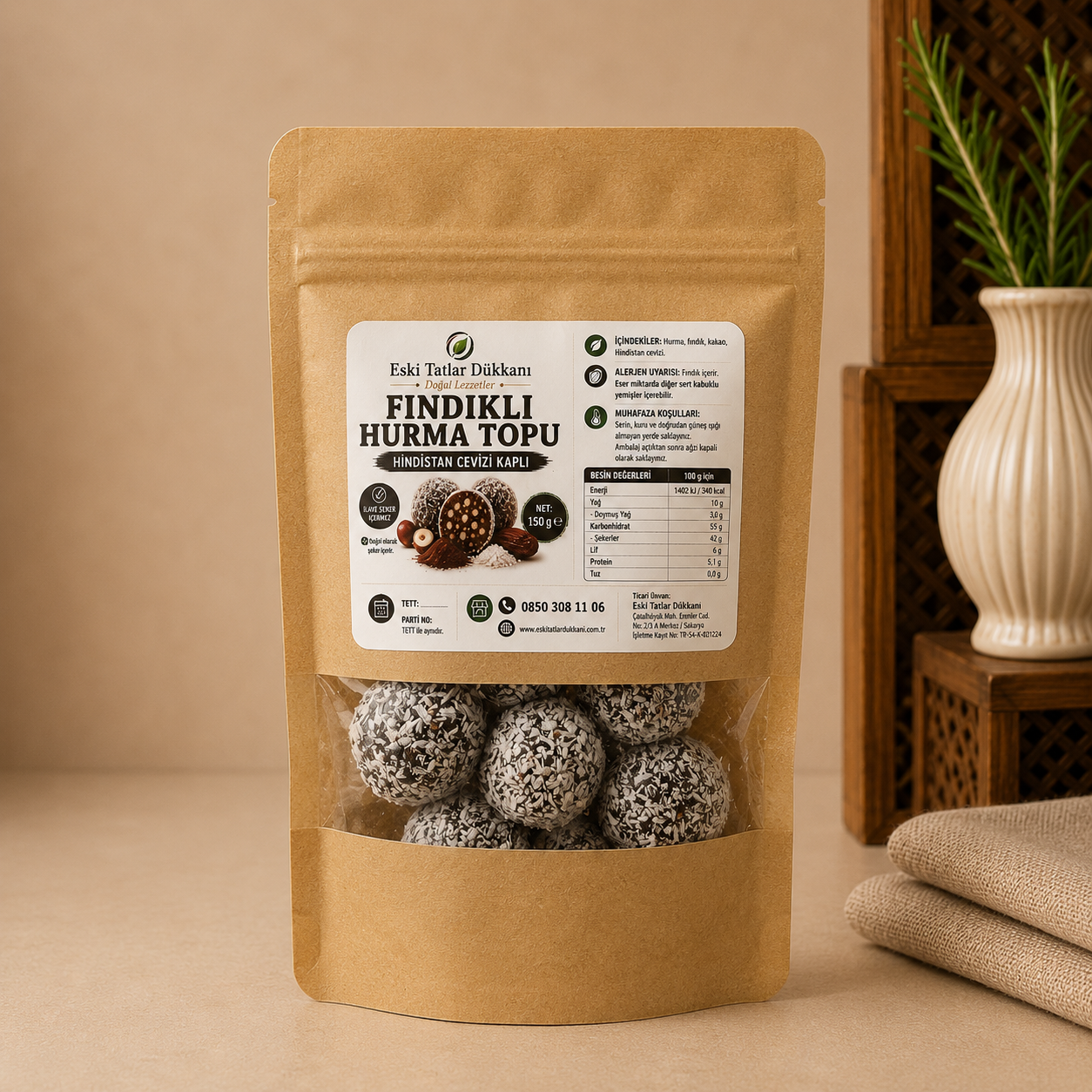 Fındıklı Hurma Topları - Hindistan Cevizi Kaplı 150 g